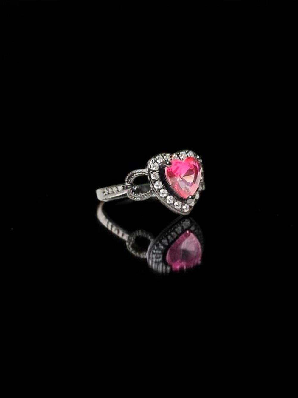 Gothic Dark Pink Heart Cubic Zirconia Halo Ring with Black Band Size 7